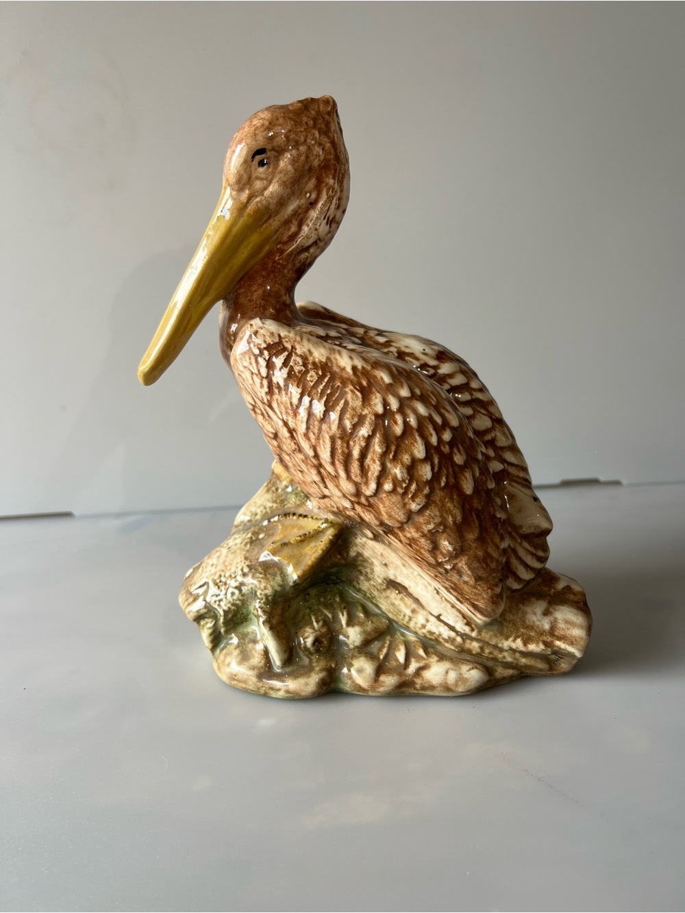 Ceramic Pelican Bird Figurine in Brown and Yellow